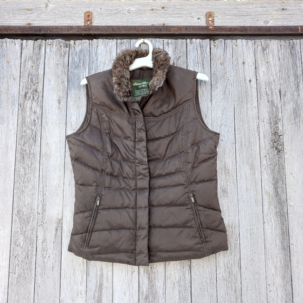 Eddie Bauer Goose‎ Down Faux Fur Collar Quilted Brown Vest Size M